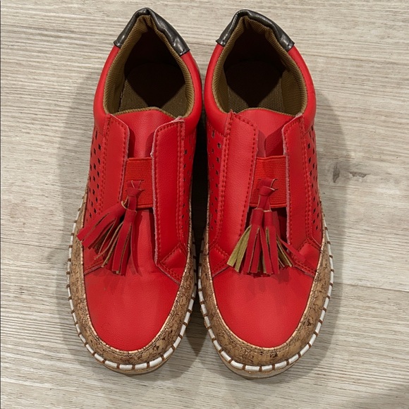 Shoes - Red Tassel Slip-On Moccasins with Cork-Effect Sole